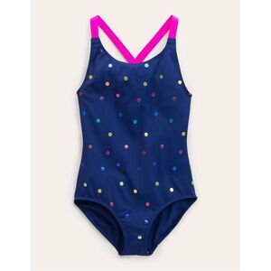 Mini Boden Swimsuit Girls 9-10 Navy w/Rainbow Foil Confetti Cross-back One Piece